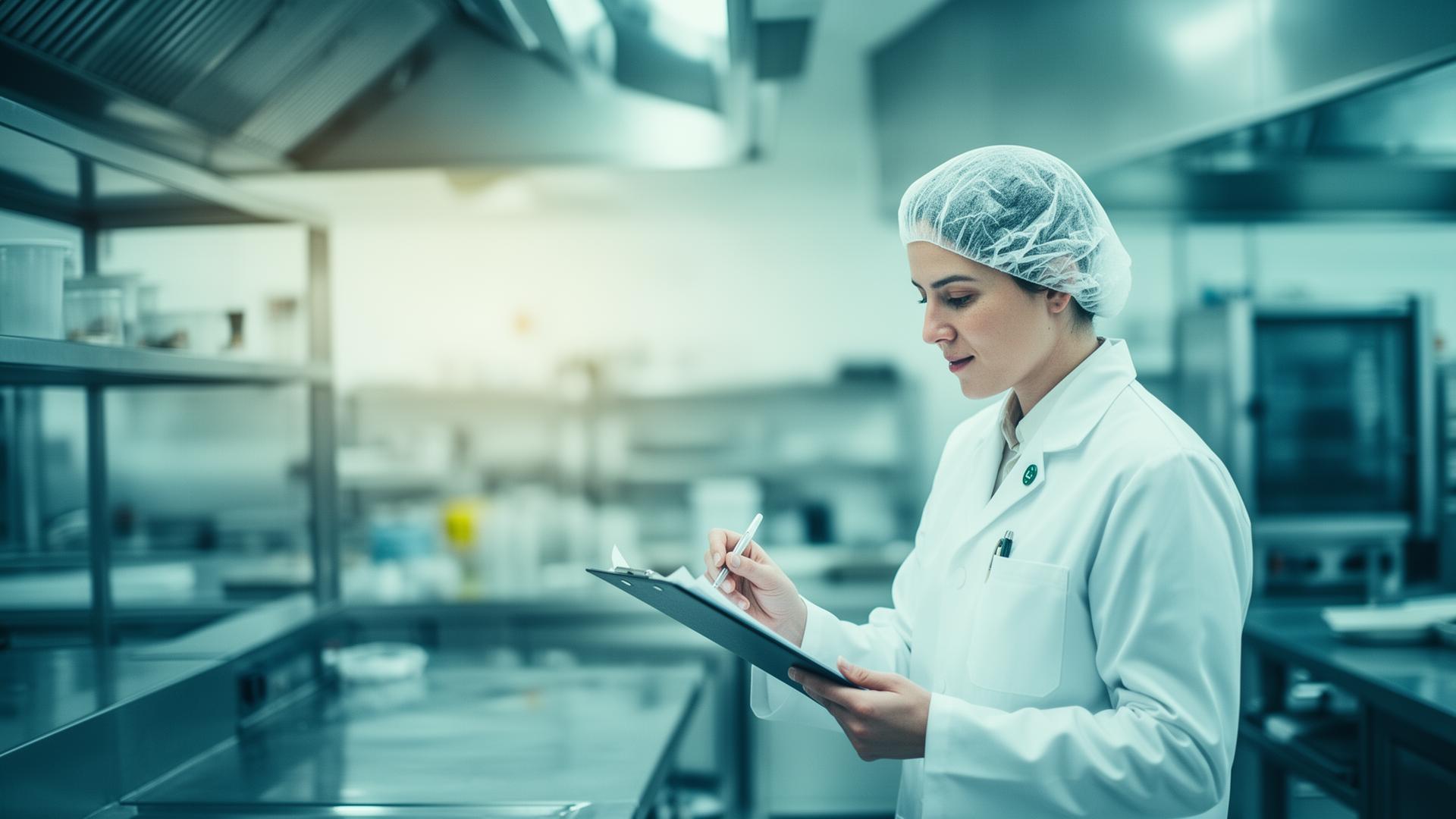 Auditora de segurança alimentar a inspecionar uma cozinha profissional